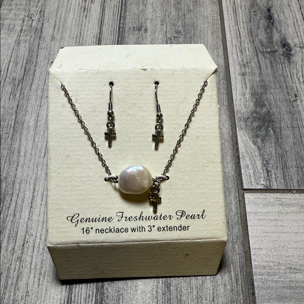Genuine Freshwater Pearl and cross necklace and earring set
